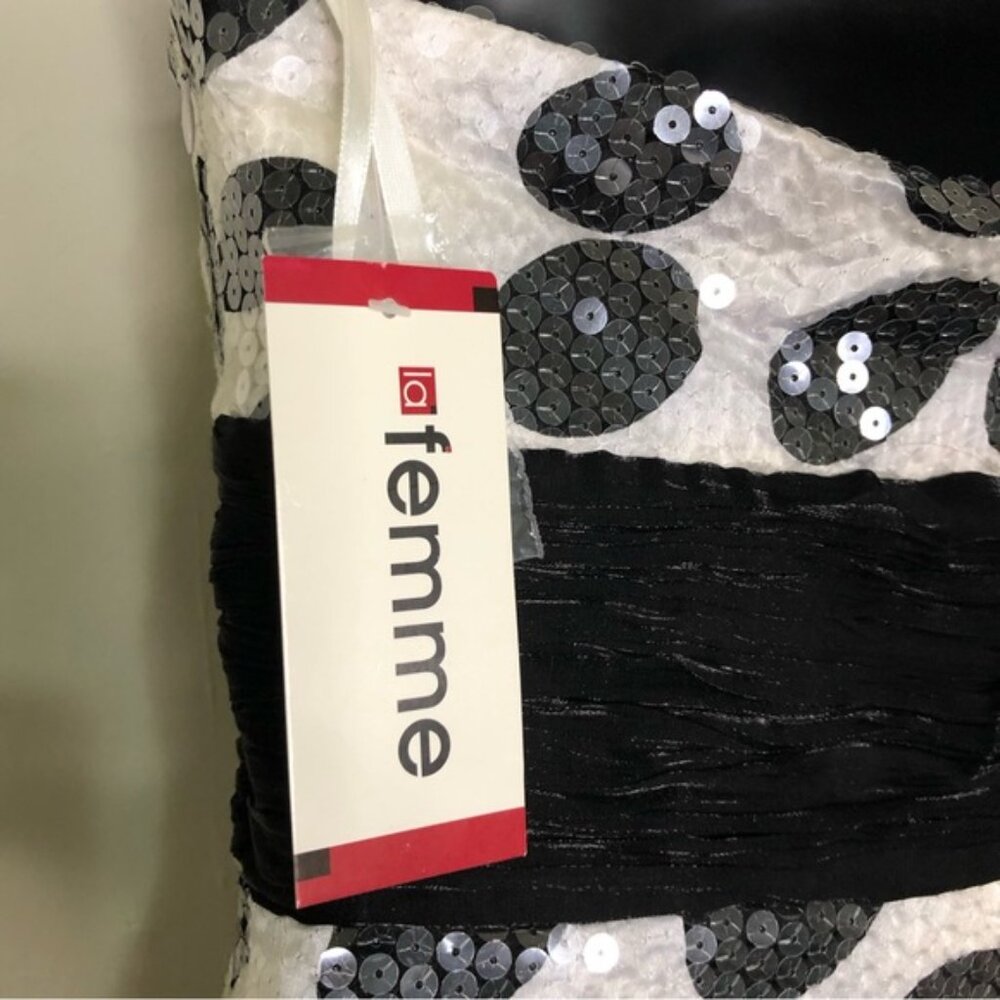 La Femme Polka Dot Sequined A-Line Short Dress - Black & White - Size 0 NWT - Picture 7 of 9